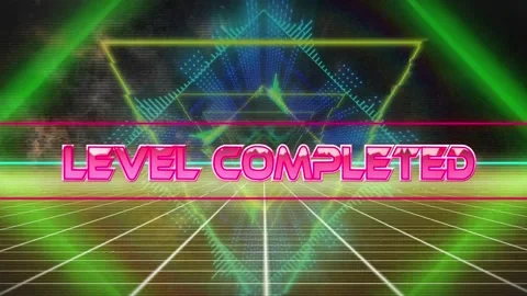 Animation of level completed text over grid network against triangular shapes in Stock Footage 330661992