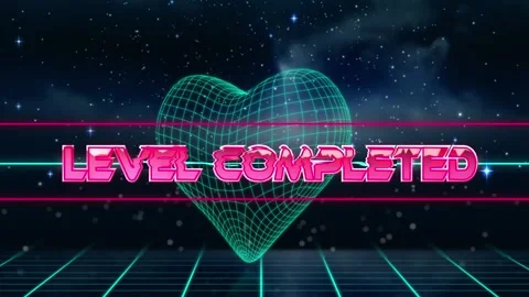 Animation of level completed text in triangular shape with heart in grid pattern Stock Footage 202134401