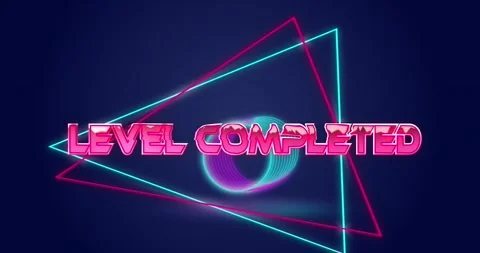 Animation of level completed text on triangular banner over spiral shape Stock Footage 255099299