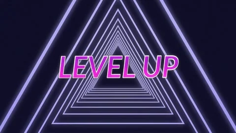 Animation of level up text banner over triangular shapes in seamless pattern on Stock Footage 246808153