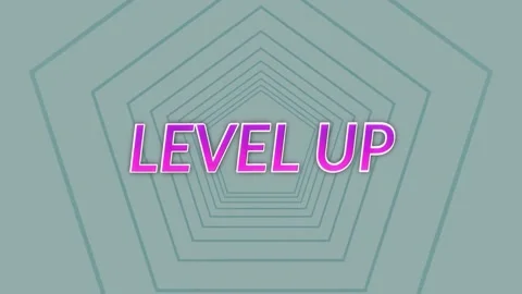 Animation of level up text banner over pentagon shapes in seamless pattern Stock Footage 246808177