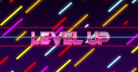 Animation of level up text banner over colorful light trails against blue Видео 327783495