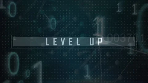 Animation of level up text, binary coding and data processing Stock Footage 229813761