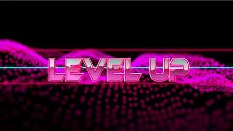 Animation of level up text on lines over dots forming wave pattern against black Video stock 235740586