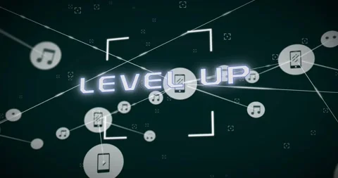 Animation of level up text, network of connections with icons and data Stock Footage 327713608