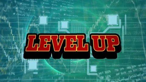 Animation of level up text over financial data processing and computer circuit Stock Footage 329232776