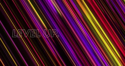 Animation of level up text over multicolored falling lines against black Stock Footage 326038902