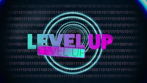 Animation of level up text over neon pattern and binary coding background Stock Footage 247125822