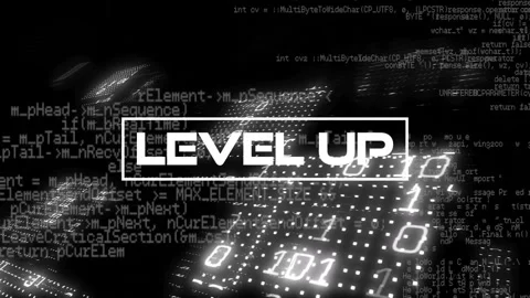 Animation of level up text over programming language and binary codes Video stock 246962778