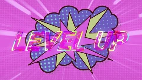 Animation of level up text over retro speech bubble and pattern background Stock Footage 246527574