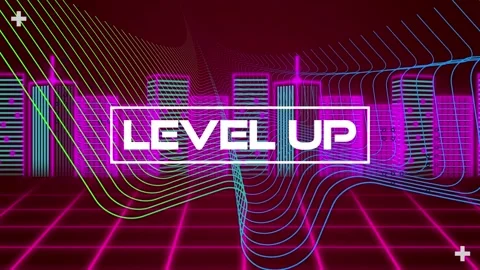 Animation of level up text over wave pattern against building models on abstract Video stock 236437127