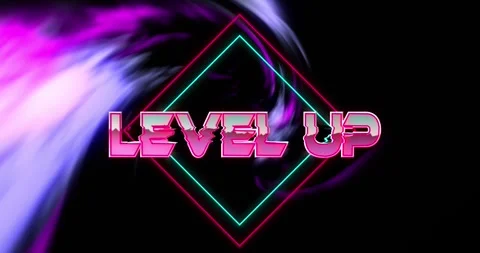 Animation of level up text on rhombuses over multicolored wave pattern against Video stock 244866627
