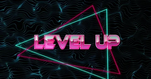 Animation of level up text on triangles over wave pattern against black Stock Footage 327202524
