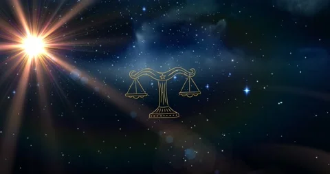 Animation of libra star sign over sun shining and stars on night blue sky 库存影片 152704351