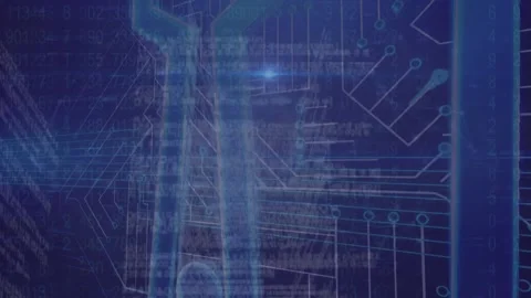 Animation of light beam on data processing with hud elements, setting icon on Stock Footage 329967559