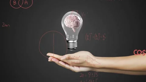 Animation of light bulb with brain over woman's hand and mathematical data Stock Footage 327646411