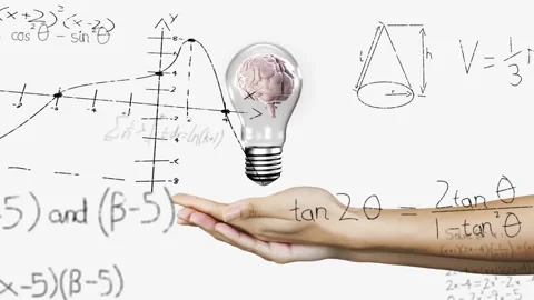 Animation of light bulb with brain over woman's hands and mathematical data Stock Footage 330254964