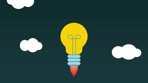 Animation of light bulb flying to space above clouds. Video stock 72832936