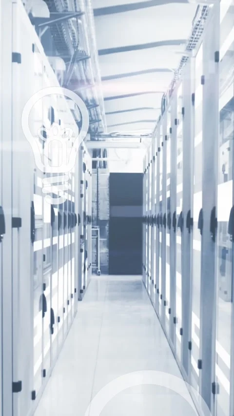 Animation of light bulb icons over moving bars on data server racks in server Stock Footage 344746051