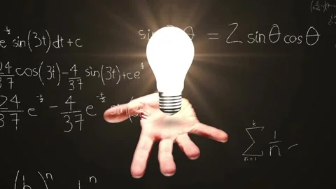 Animation of light bulb over woman's hand and mathematical data processing Stock Footage 328595375