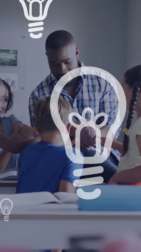 Animation of light bulbs over diverse male teacher and pupils studying brain Stock Footage 342595029