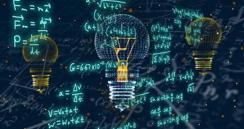 Animation of light bulbs over mathematical equations on blue background Video stock 267083835