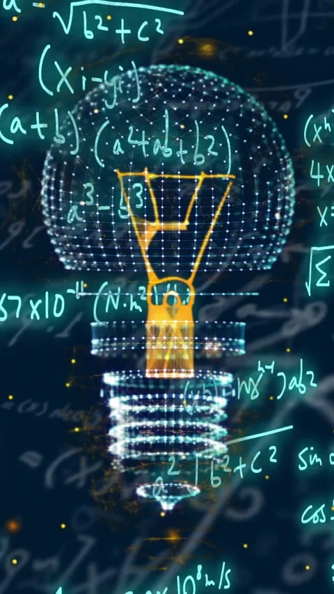 Animation of light bulbs over mathematical equations on blue background Stock Footage 320513381