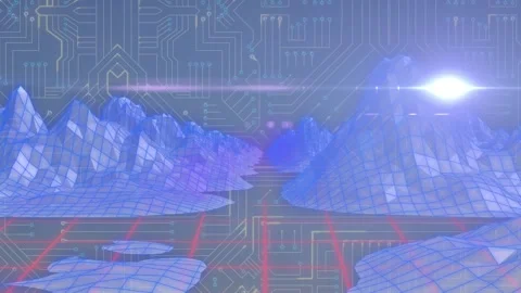 Animation of light moving over graphical mountain, grid pattern against Stock Footage 329917695