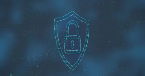 Animation of light over digital padlock and math formulas on navy background Stock Footage 330108029