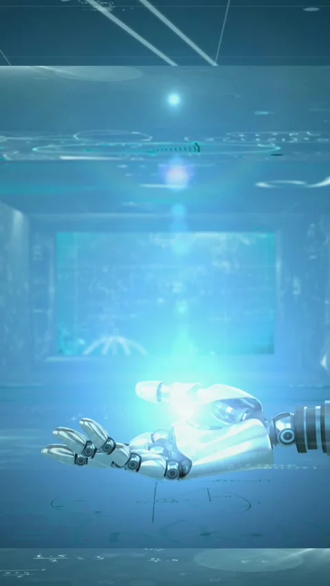 Animation of light over robot's arm and data processing on screens Stock Footage 344524696