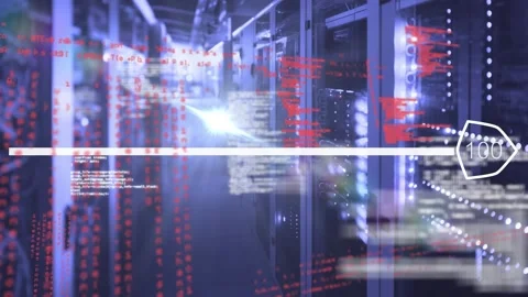 Animation of light spot and data processing against computer server room Stock Footage 327122618