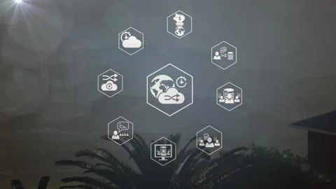 Animation of light spot and digital icons spinning against aerial view of 動画素材 236674699