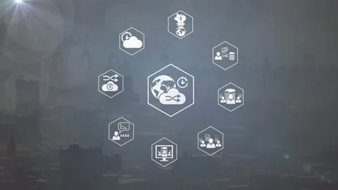 Animation of light spot and digital icons spinning against aerial view of 動画素材 327356321