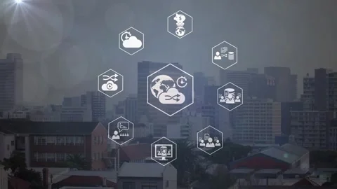 Animation of light spot and digital icons spinning against aerial view of 動画素材 328005426