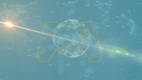 Animation of light spot moving over videogame controller icon and spinning globe Stock Footage 329849807