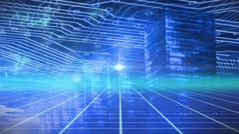 Animation of light spot over grid network against microprocessor connections on Vídeo Stock 205117441