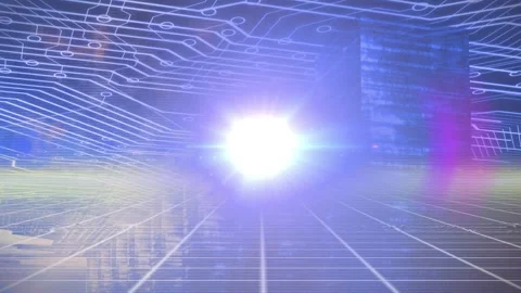 Animation of light spot over grid network against microprocessor connections on Video stock 330338383