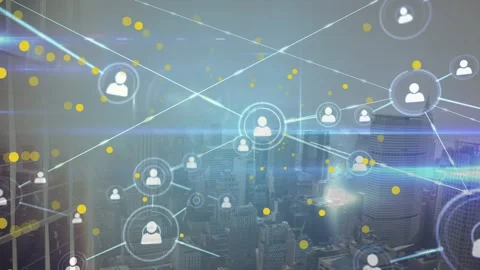 Animation of light spots and network of connections with icons over cityscape Видео 328588005