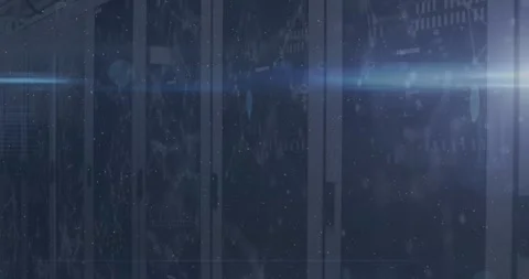 Animation of light spots and network of connections over computer server room Stock Footage 329291576