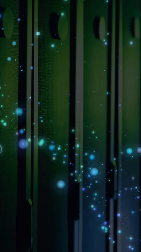 Animation of light spots and network of connections over server room Stock Footage 341956523