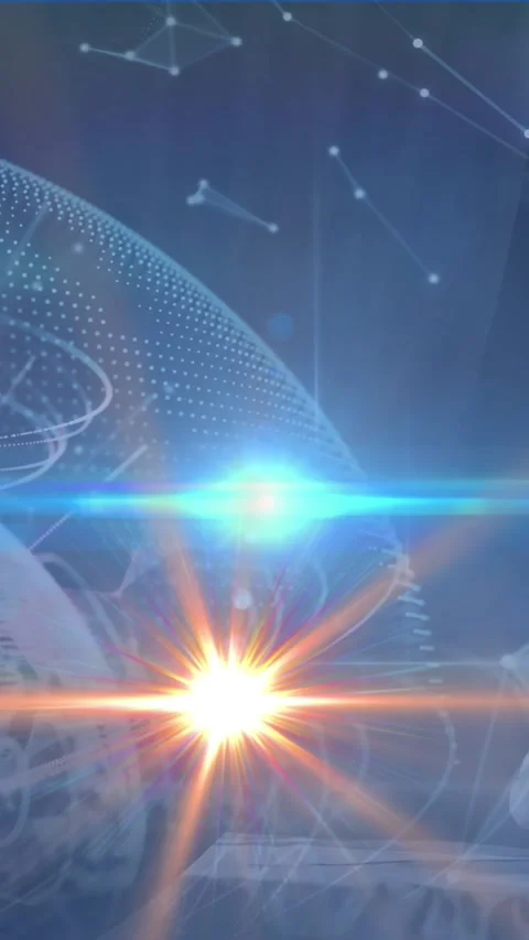 Animation of light spots and plexus networks over globe against caucasian woman Stock Footage 322209960