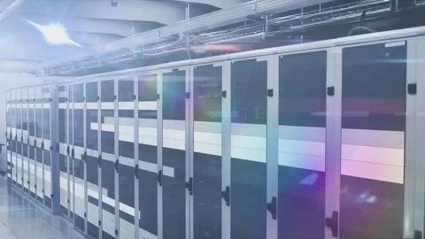 Animation of light spots and white lines over server room Video stock 325770999