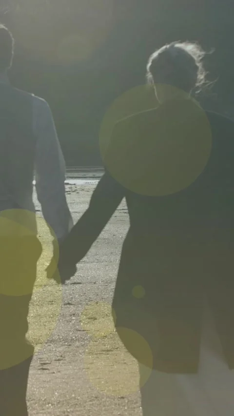 Animation of light spots over caucasian couple walking and holding hands Vídeo Stock 342315903