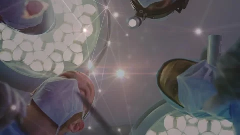 Animation of light spots over diverse surgeons talking Stock Footage 329222608