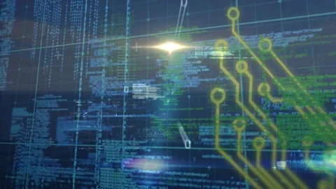 Animation of light trails and computer circuit board over data processing Stock Footage 328456345