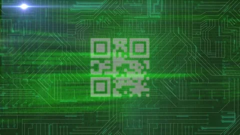 Animation of light trails and computer circuit board over qr code and data Stock Footage 329232208