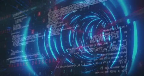 Animation of light trails and cyber security data processing over glowing tunnel Stock Footage 330402335