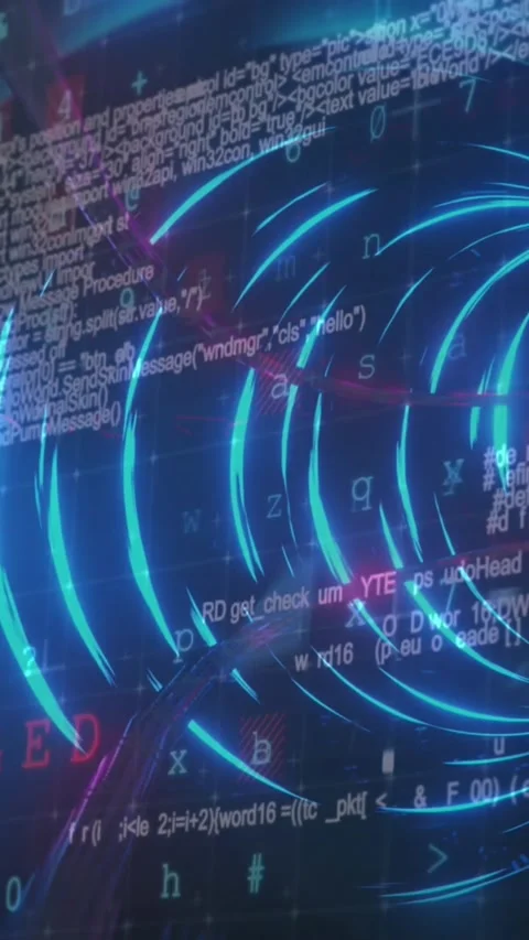 Animation of light trails and cyber security data processing over glowing tunnel Stock Footage 343083887