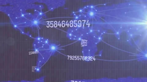 Animation of light trails and data processing over world map with network of Stock Footage 329559967