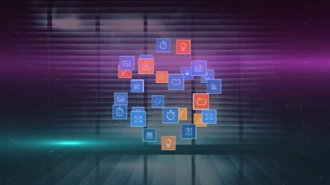Animation of light trails and globe with icons over window Stock Footage 327125103